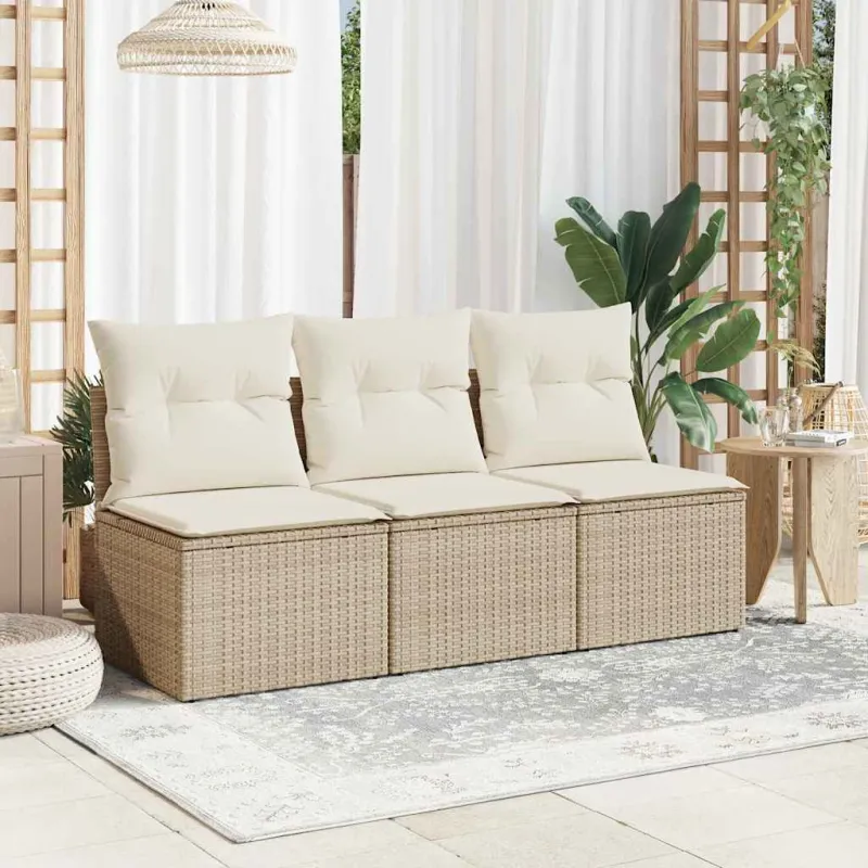 Trivietė sodo sofa su pagalvėlėmis, smėlio spalvos, poliratanas