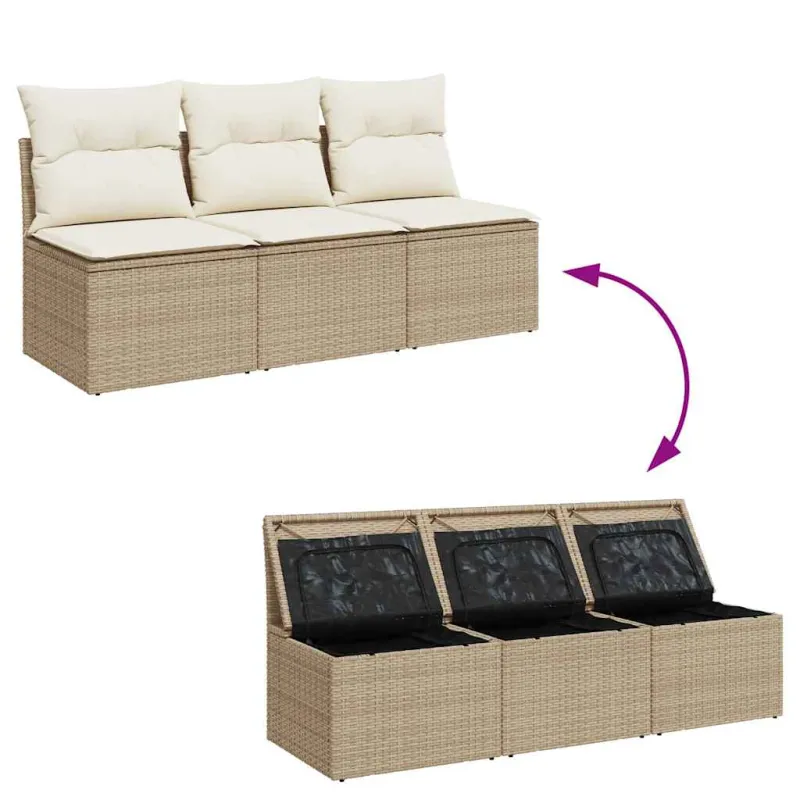 Trivietė sodo sofa su pagalvėlėmis, smėlio spalvos, poliratanas