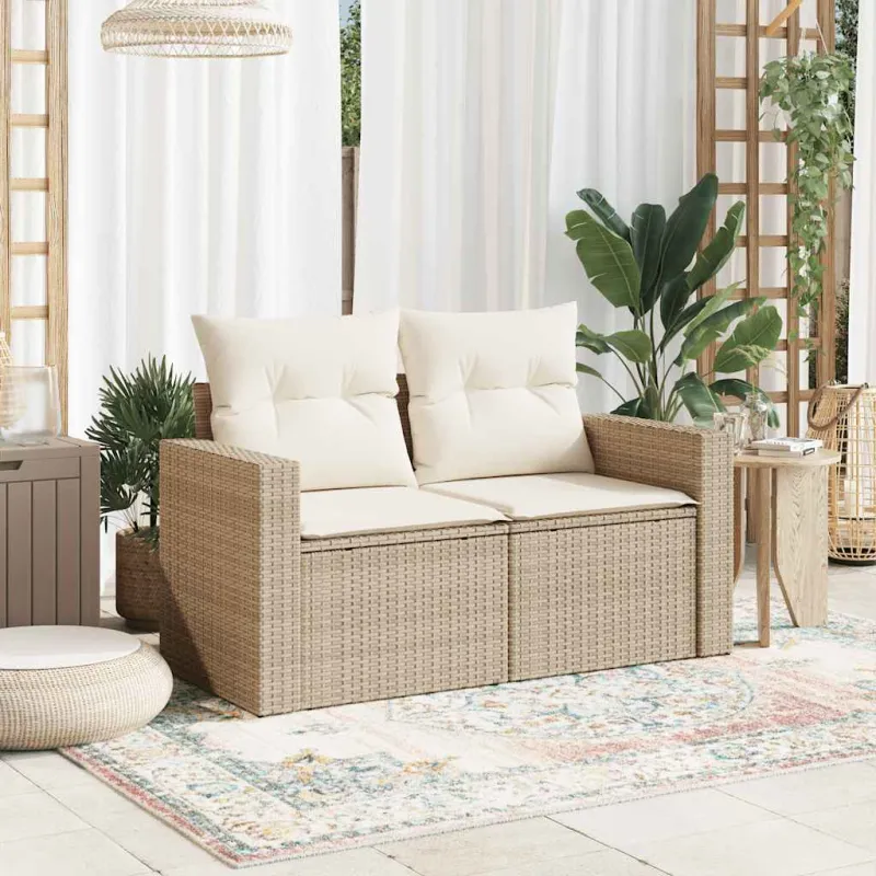 Dvivietė sodo sofa su pagalvėlėmis, smėlio spalvos, poliratanas