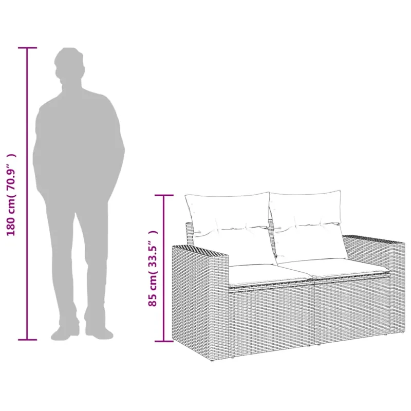 Dvivietė sodo sofa su pagalvėlėmis, šviesiai pilka, poliratanas