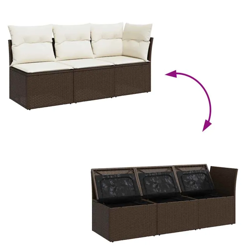 Trivietė sodo sofa su pagalvėlėmis, ruda, poliratanas