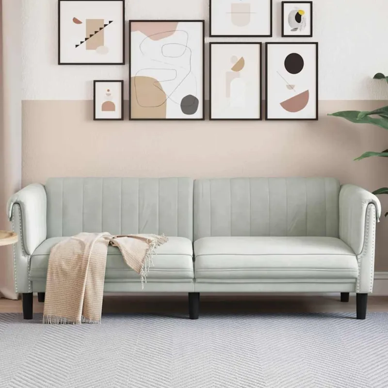 Trivietė sofa, šviesiai pilkos spalvos, aksomas