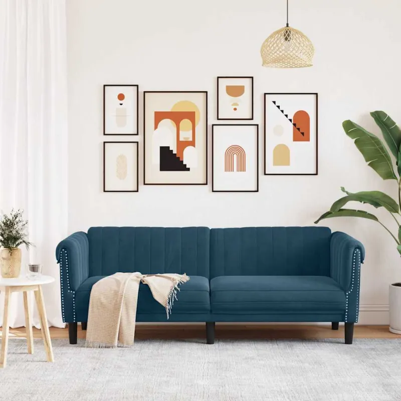 Trivietė sofa, mėlynos spalvos, aksomas