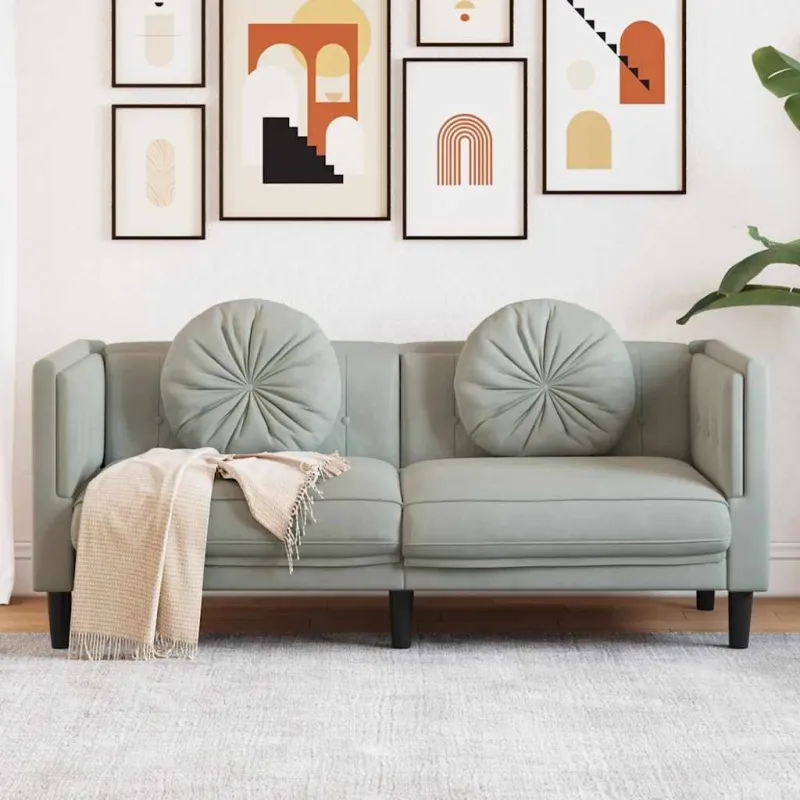 Dvivietė sofa su pagalvėlėmis, šviesiai pilkos spalvos, aksomas