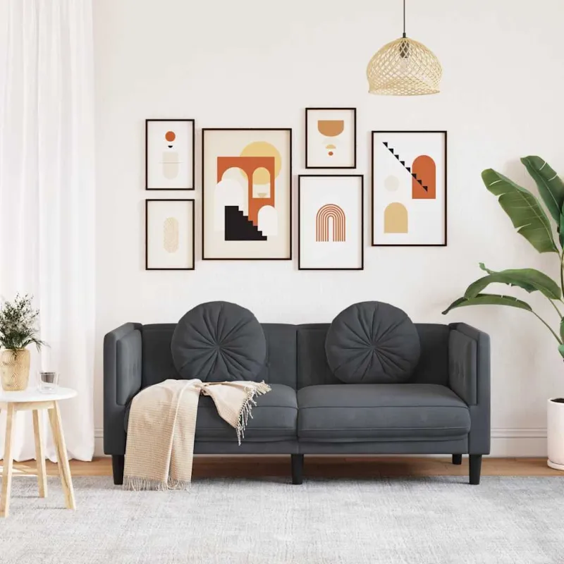 Dvivietė sofa su pagalvėlėmis, tamsiai pilkos spalvos, aksomas