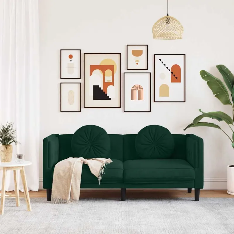 Dvivietė sofa su pagalvėlėmis, tamsiai žalios spalvos, aksomas