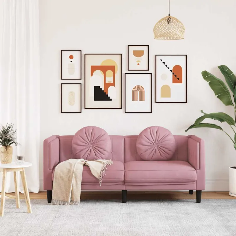 Dvivietė sofa su pagalvėlėmis, rožinės spalvos, aksomas