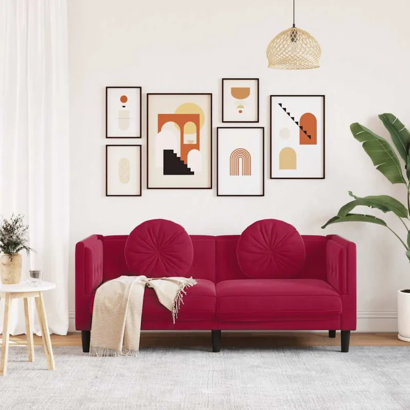 Dvivietė sofa su pagalvėlėmis, vyno raudonos spalvos, aksomas