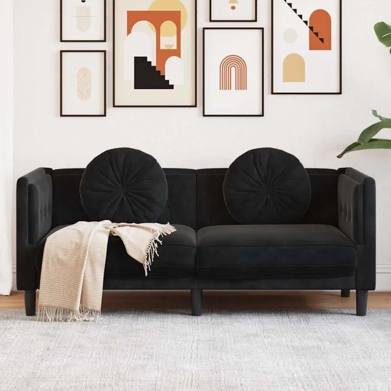 Dvivietė sofa su pagalvėlėmis, juodos spalvos, aksomas