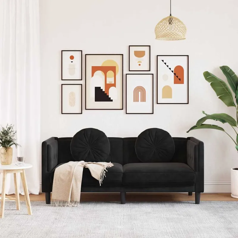 Dvivietė sofa su pagalvėlėmis, juodos spalvos, aksomas