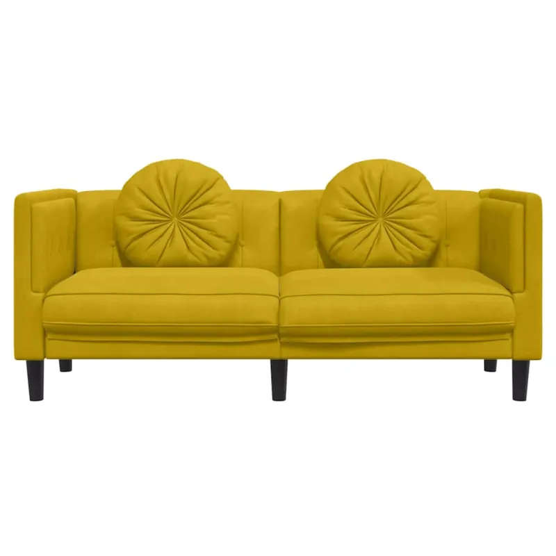 Dvivietė sofa su pagalvėlėmis, geltonos spalvos, aksomas