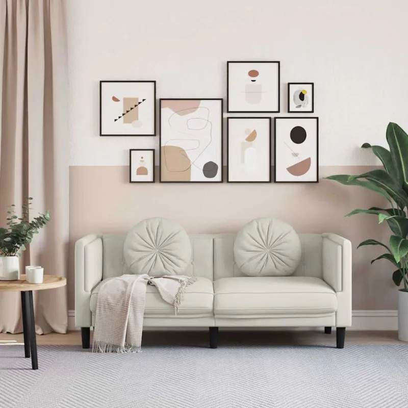 Dvivietė sofa su pagalvėlėmis, kreminės spalvos, aksomas
