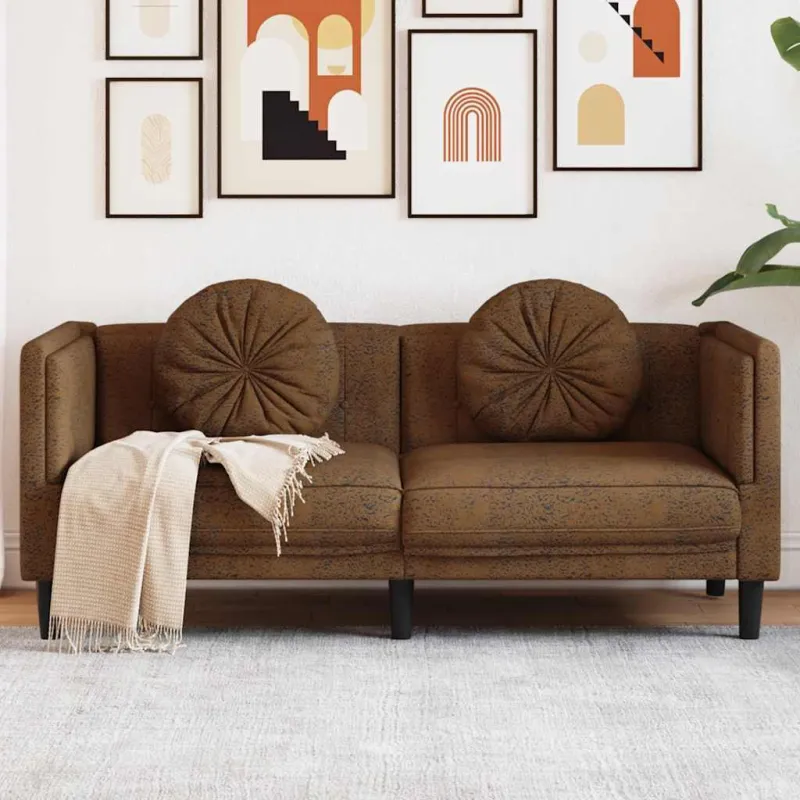 Dvivietė sofa su pagalvėlėmis, ruda, dirbtinė versta oda