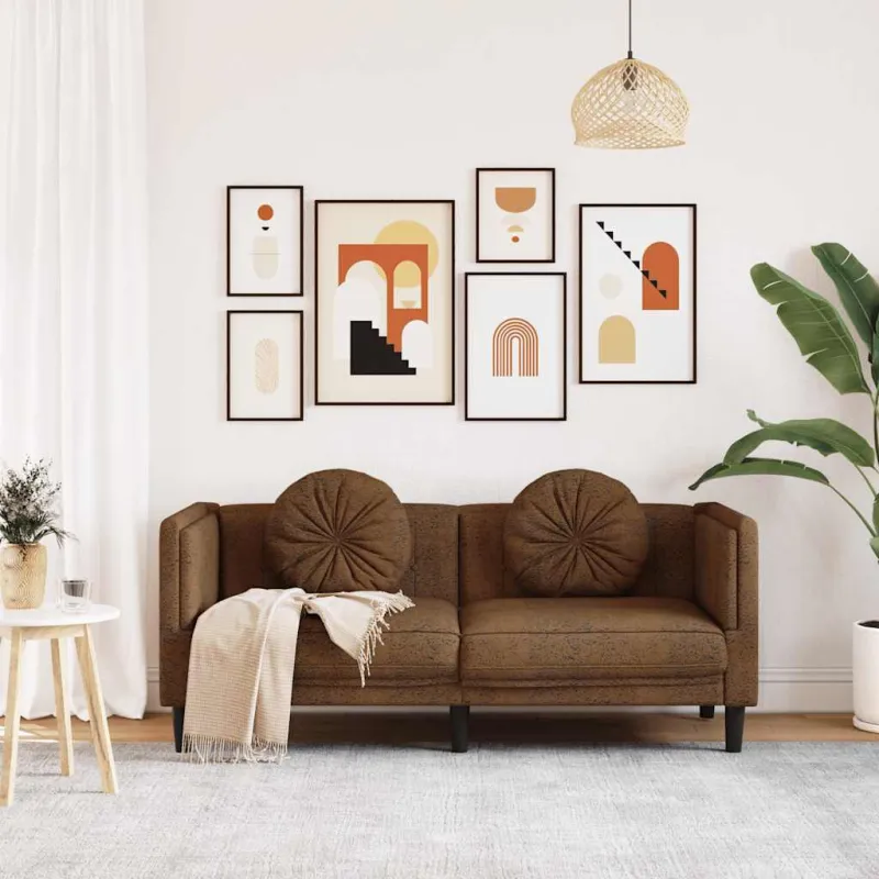 Dvivietė sofa su pagalvėlėmis, ruda, dirbtinė versta oda
