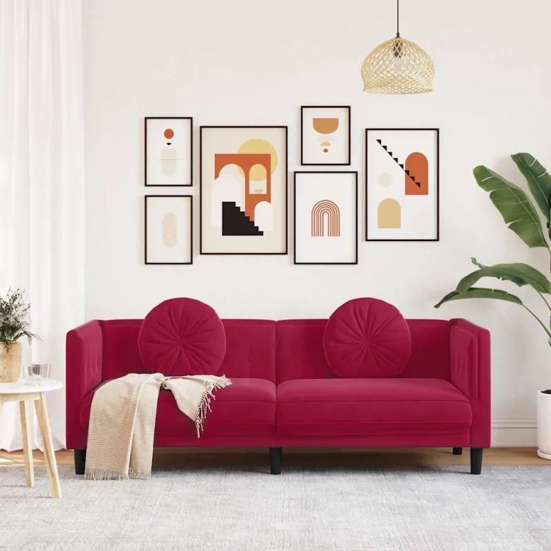 Trivietė sofa su pagalvėlėmis, vyno raudonos spalvos, aksomas