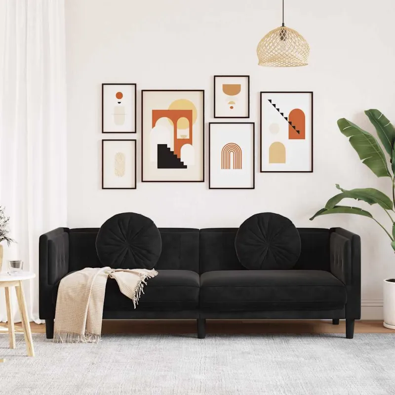 Trivietė sofa su pagalvėlėmis, juodos spalvos, aksomas