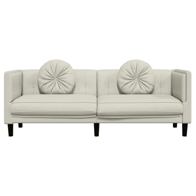 Trivietė sofa su pagalvėlėmis, kreminės spalvos, aksomas