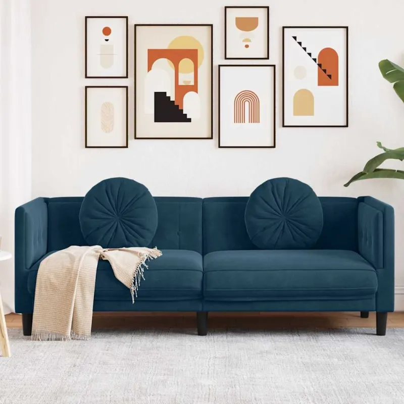 Trivietė sofa su pagalvėlėmis, mėlynos spalvos, aksomas