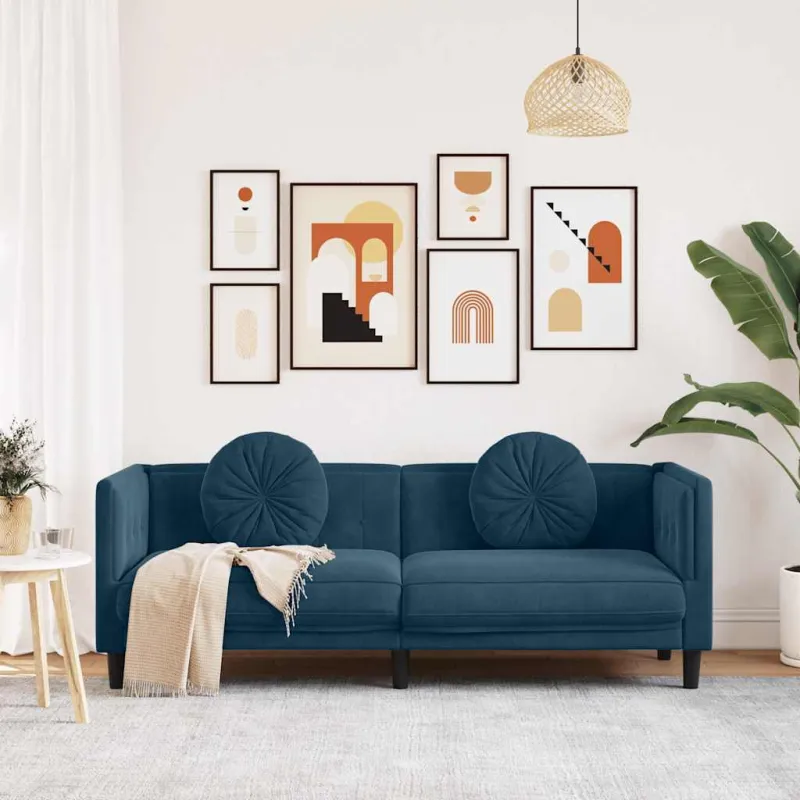 Trivietė sofa su pagalvėlėmis, mėlynos spalvos, aksomas