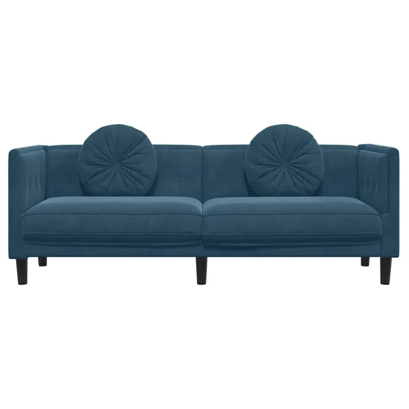 Trivietė sofa su pagalvėlėmis, mėlynos spalvos, aksomas