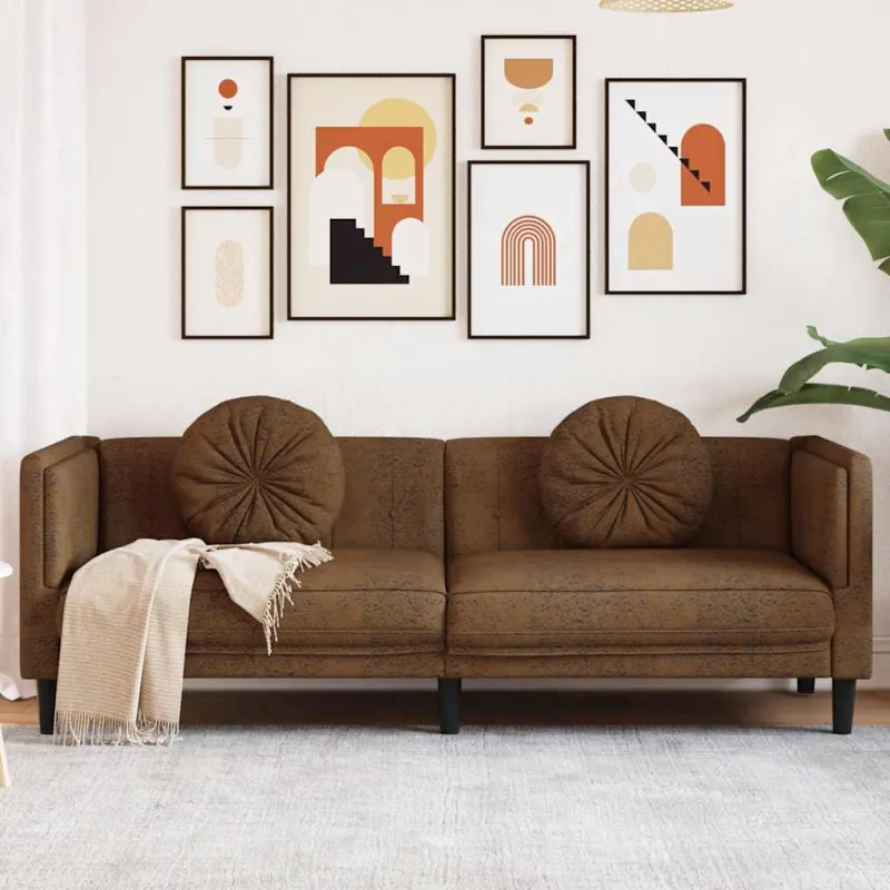 Trivietė sofa su pagalvėlėmis, ruda, dirbtinė versta oda