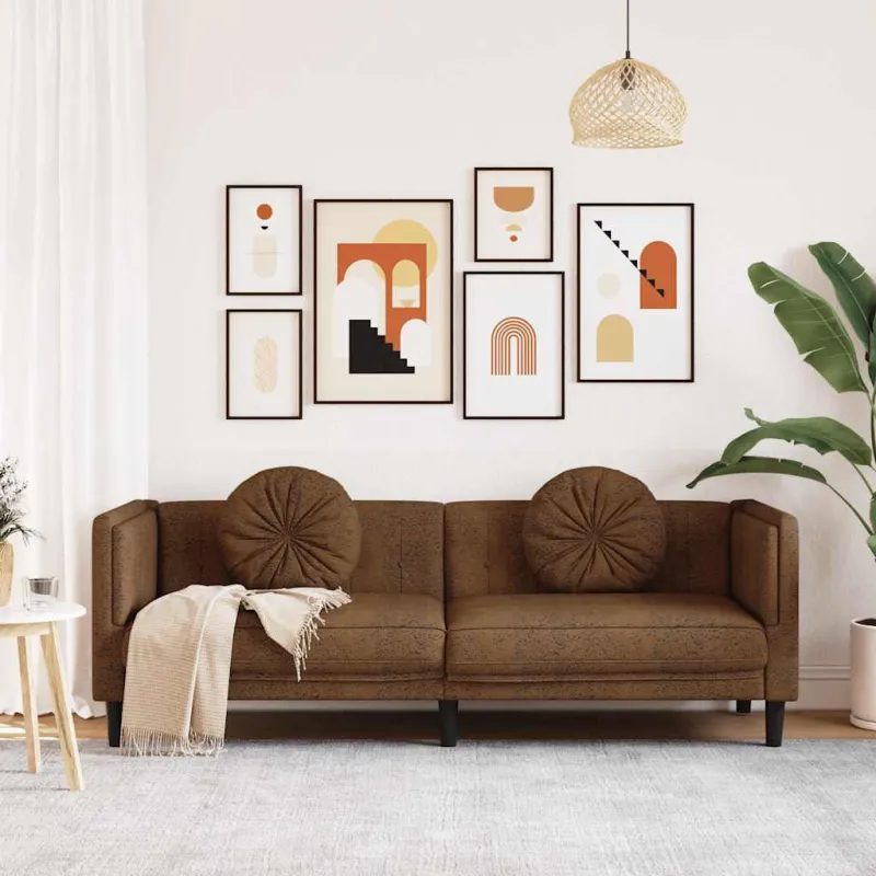 Trivietė sofa su pagalvėlėmis, ruda, dirbtinė versta oda