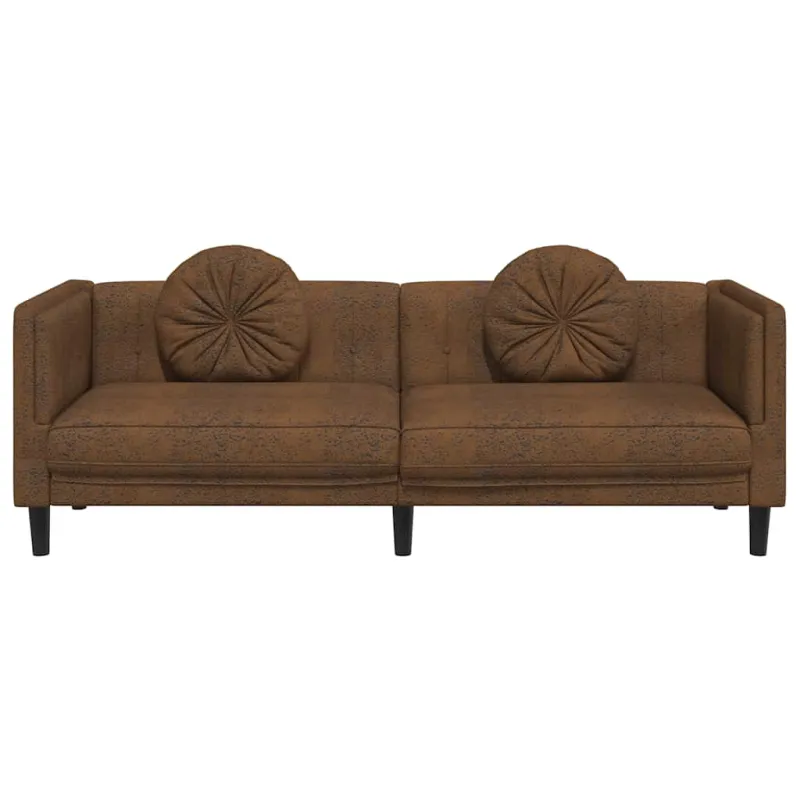 Trivietė sofa su pagalvėlėmis, ruda, dirbtinė versta oda