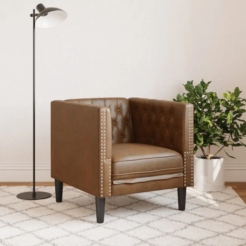 Chesterfield krėslas, rudos spalvos, dirbtinė versta oda