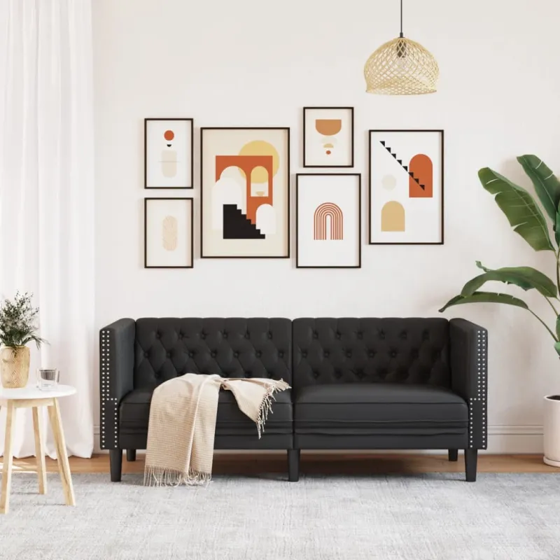 Dvivietė chesterfield sofa, juodos spalvos, dirbtinė oda