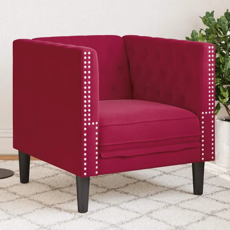 Chesterfield krėslas, raudonojo vyno spalvos, aksomas