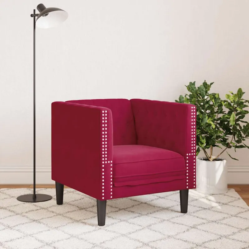 Chesterfield krėslas, raudonojo vyno spalvos, aksomas