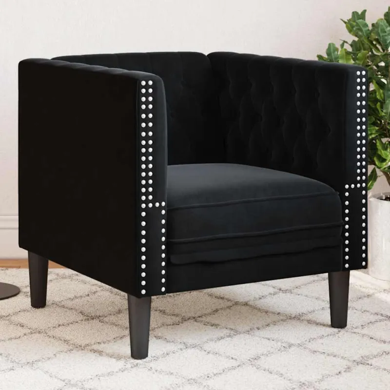 Chesterfield krėslas, juodos spalvos, aksomas