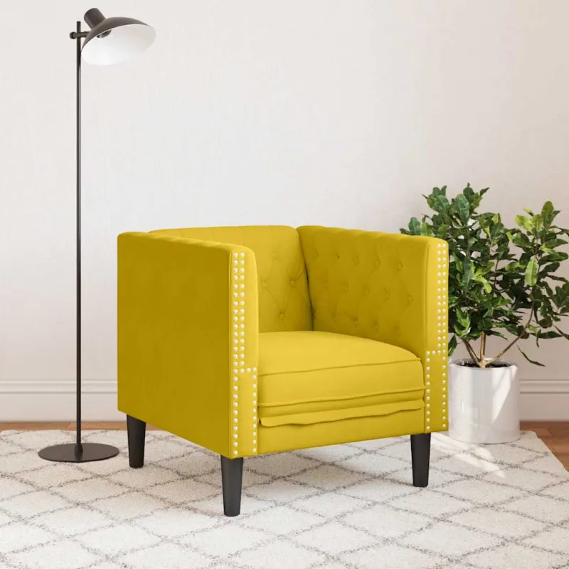 Chesterfield krėslas, geltonos spalvos, aksomas