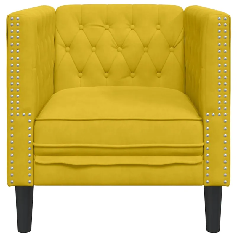 Chesterfield krėslas, geltonos spalvos, aksomas
