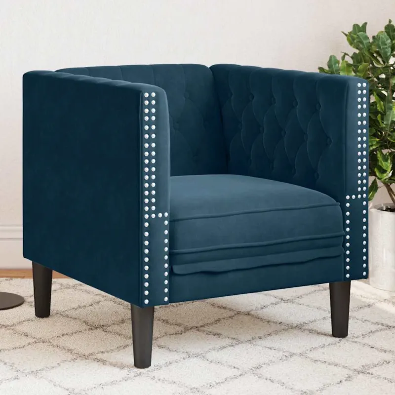 Chesterfield krėslas, mėlynos spalvos, aksomas