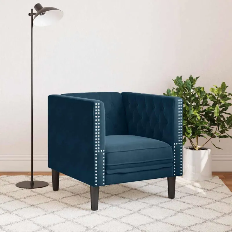 Chesterfield krėslas, mėlynos spalvos, aksomas
