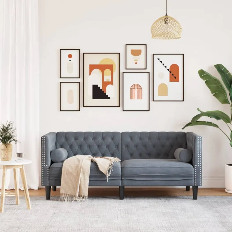 Dvivietė chesterfield sofa su pagalvėlėmis, pilka, aksomas