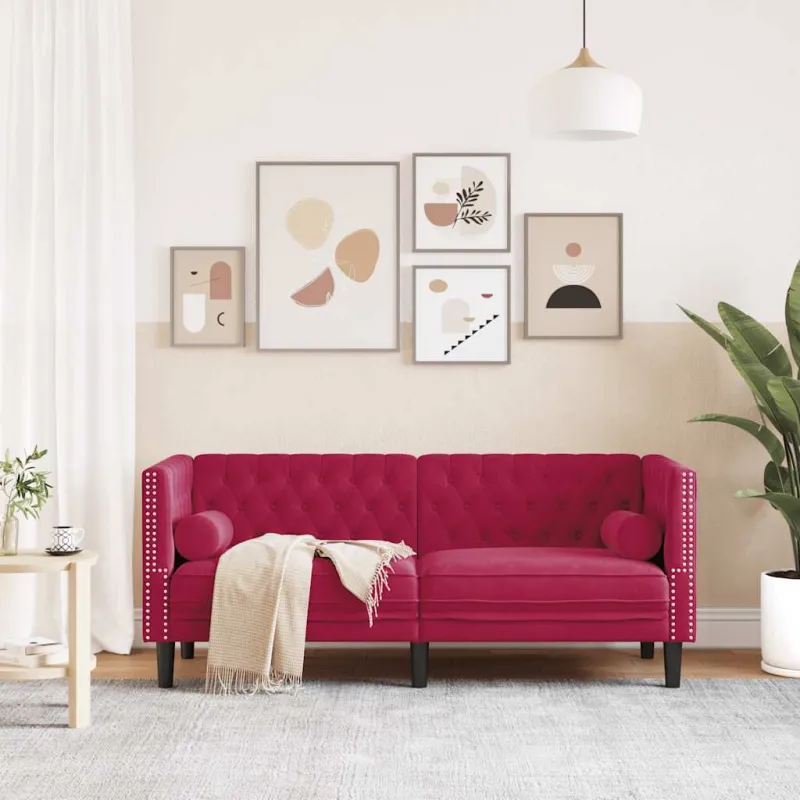 Dvivietė chesterfield sofa su pagalvėlėmis, raudona, aksomas