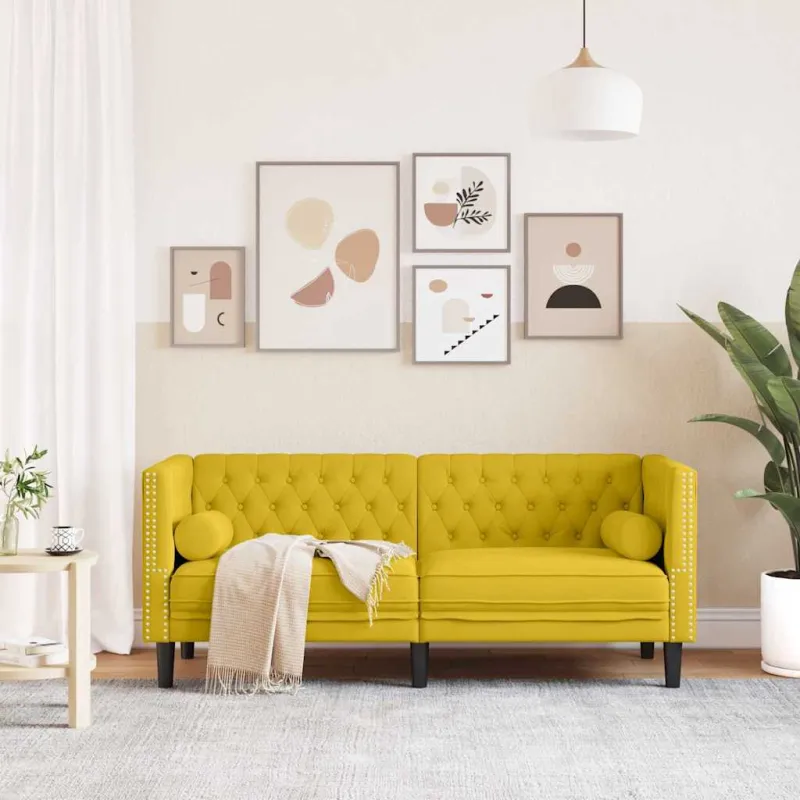 Dvivietė chesterfield sofa su pagalvėlėmis, geltona, aksomas