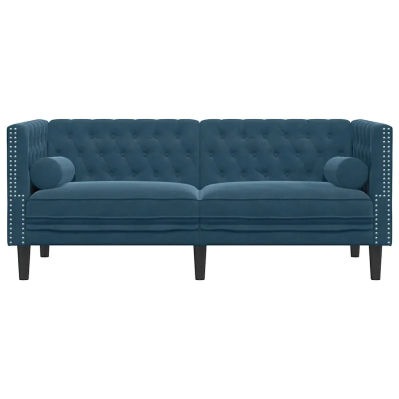 Dvivietė chesterfield sofa su pagalvėlėmis, mėlyna, aksomas
