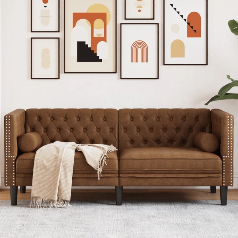 Dvivietė chesterfield sofa su pagalvėlėmis, ruda, dirbtinė oda