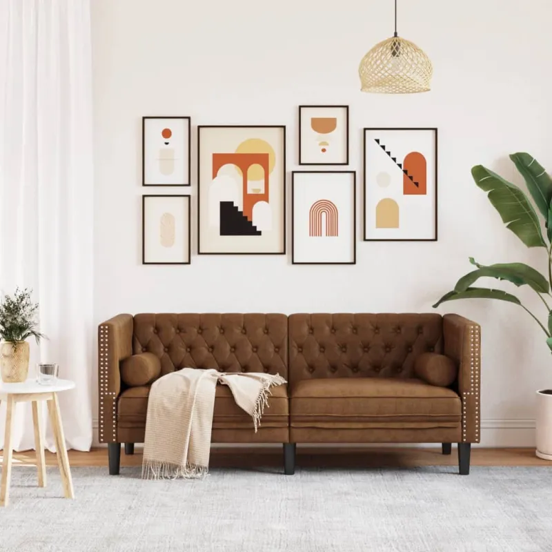Dvivietė chesterfield sofa su pagalvėlėmis, ruda, dirbtinė oda