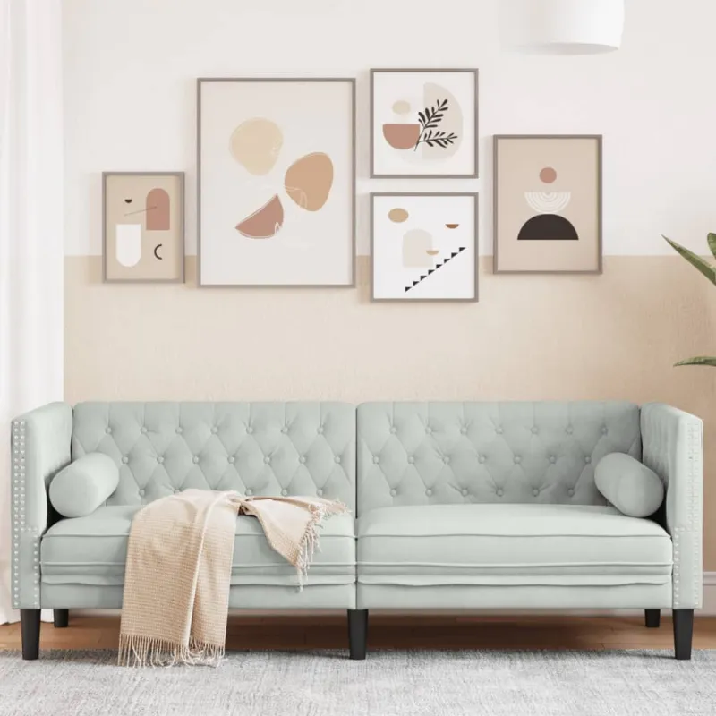 Trivietė chesterfield sofa su pagalvėlėmis, pilka, aksomas