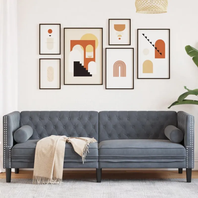 Trivietė chesterfield sofa su pagalvėlėmis, pilka, aksomas