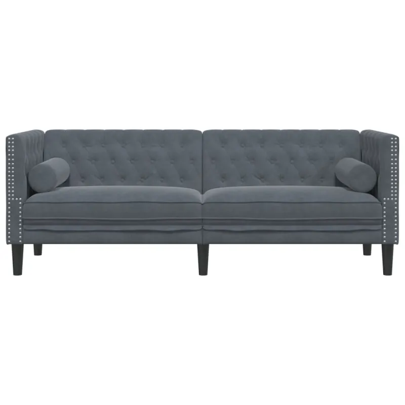 Trivietė chesterfield sofa su pagalvėlėmis, pilka, aksomas