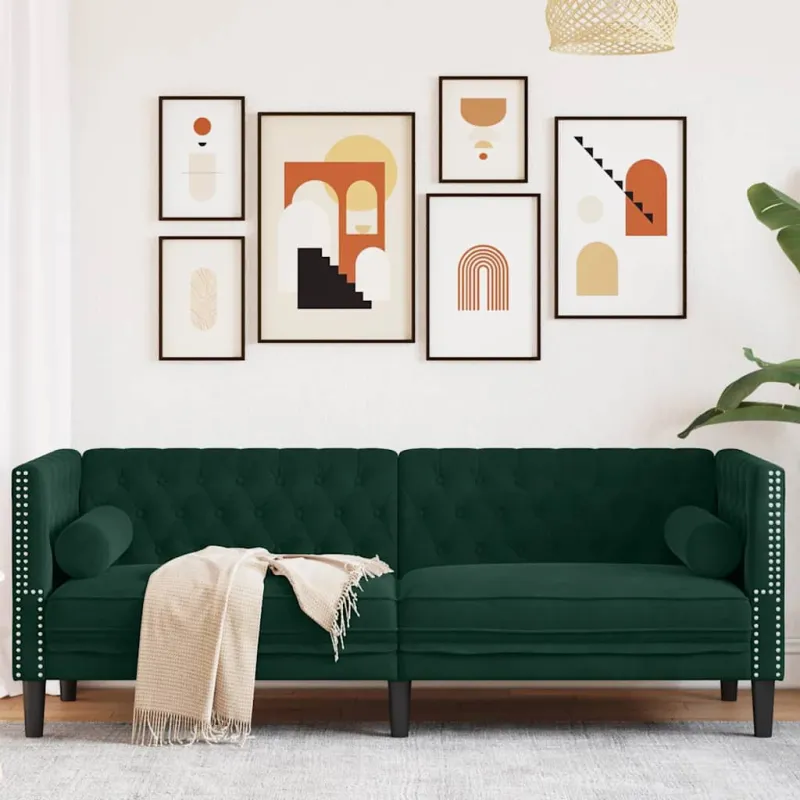 Trivietė chesterfield sofa su pagalvėlėmis, žalia, aksomas