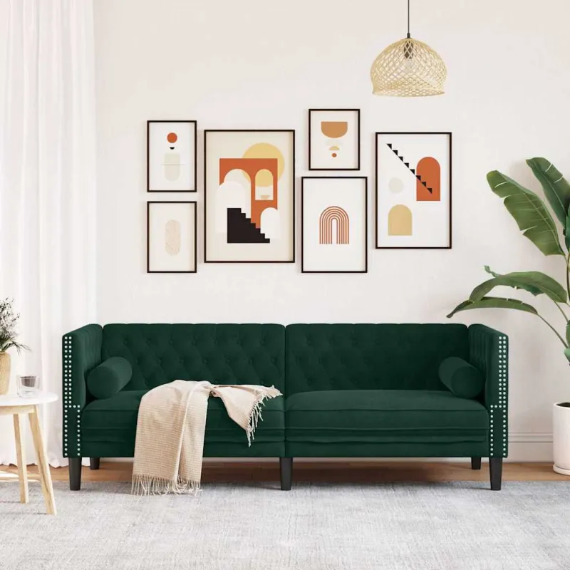 Trivietė chesterfield sofa su pagalvėlėmis, žalia, aksomas