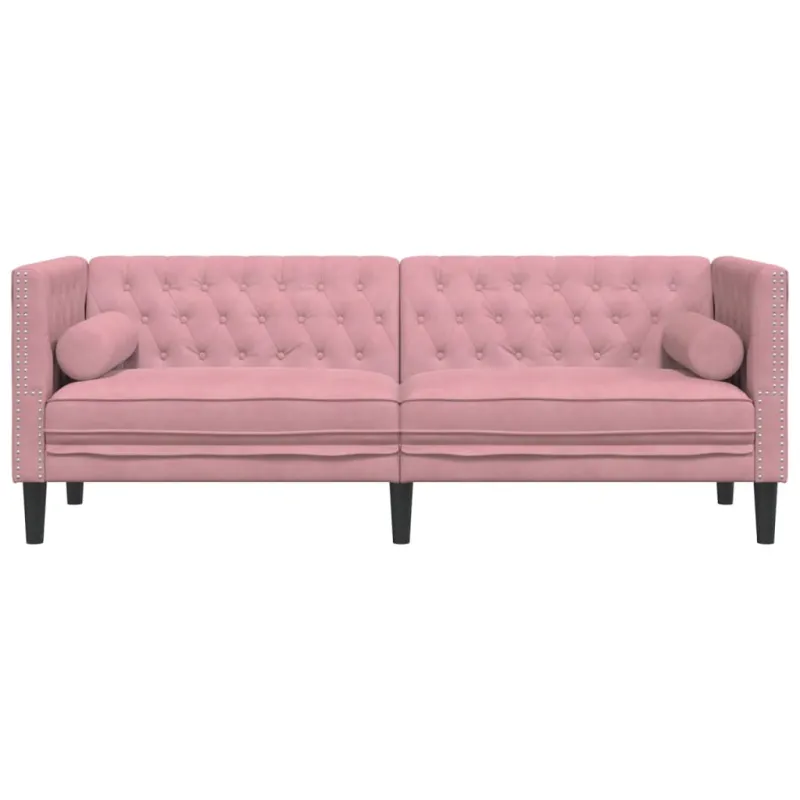 Trivietė chesterfield sofa su pagalvėlėmis, rožinė, aksomas
