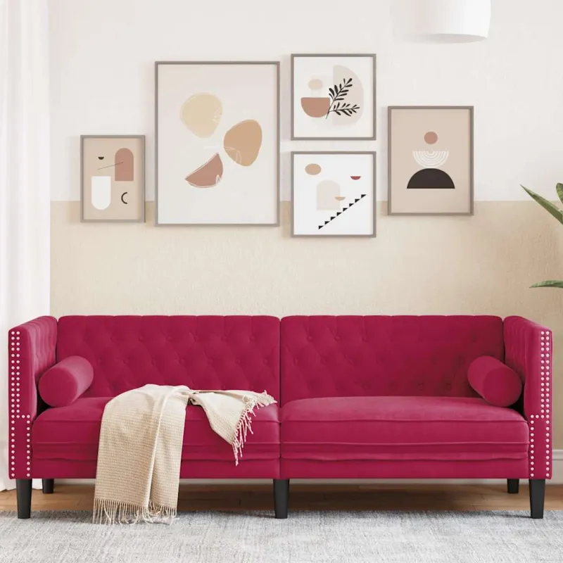 Trivietė chesterfield sofa su pagalvėlėmis, raudona, aksomas