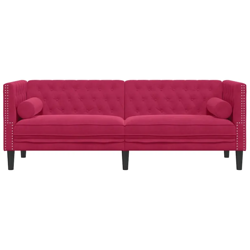 Trivietė chesterfield sofa su pagalvėlėmis, raudona, aksomas